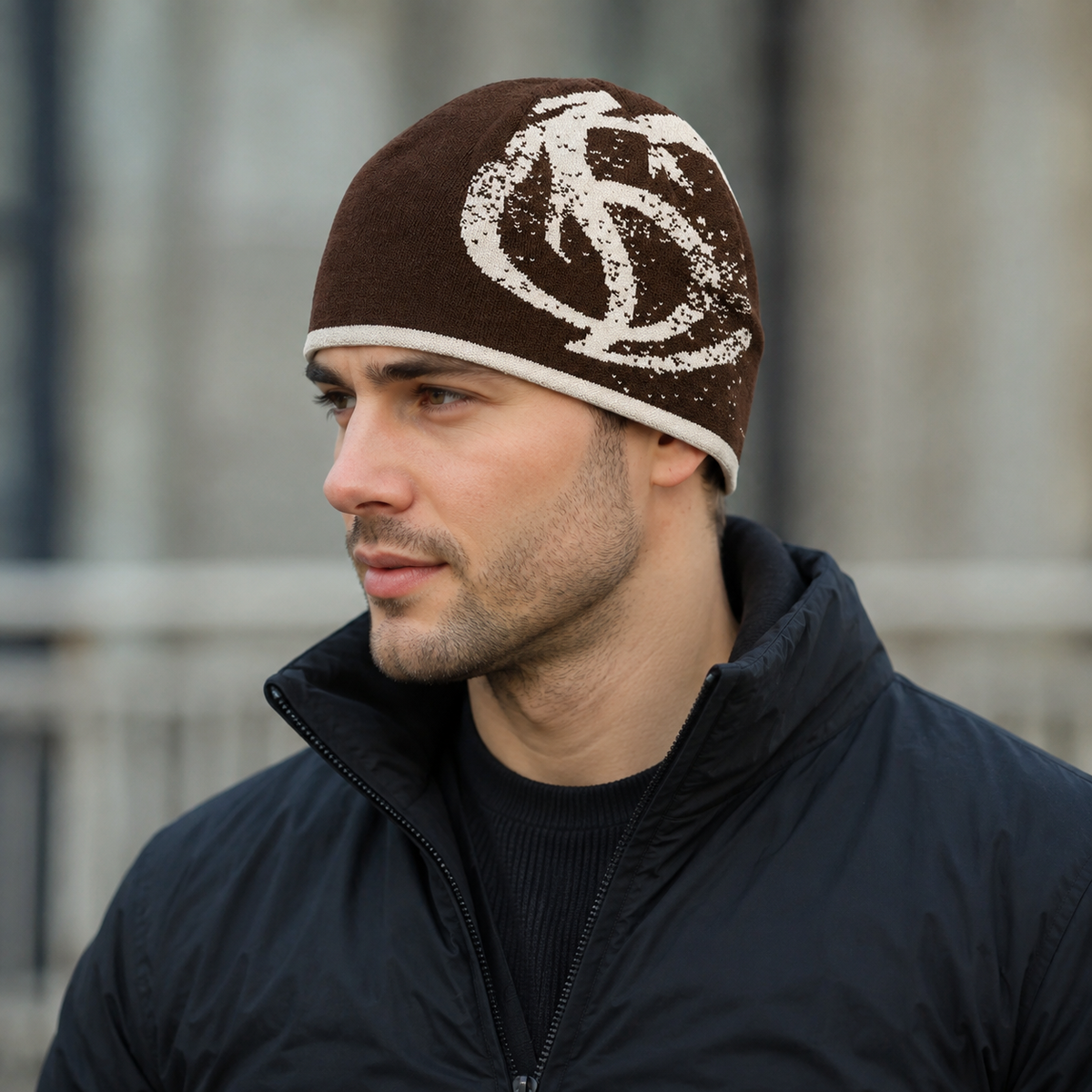 Cotton Winter Beanie – Organic Knit Cap With Treble Clef Design & Elastic Fit