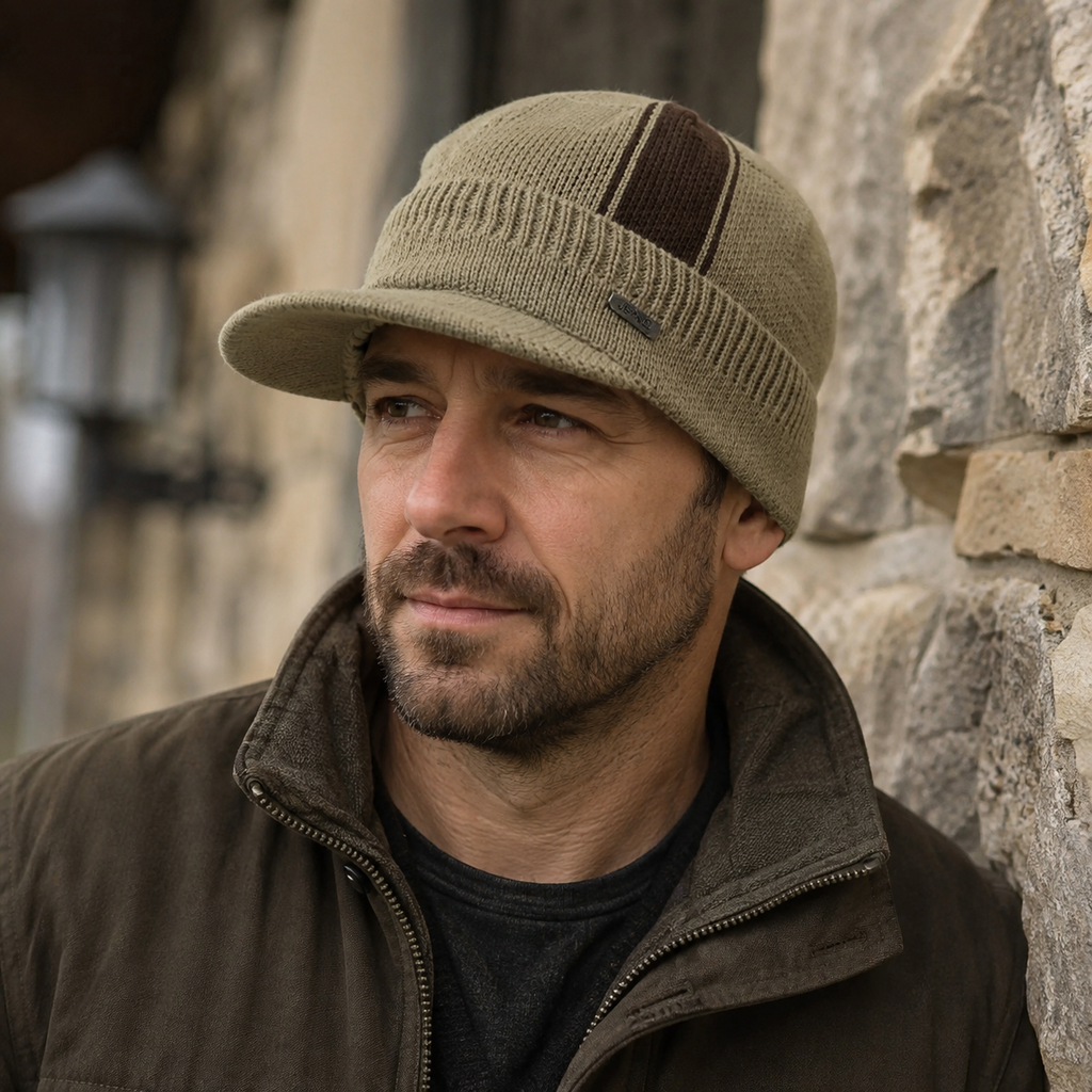 Knitted Visor Beanie – Organic Cotton Hat With Thick Fur Lining, Adjustable Winter Cap