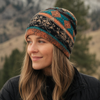 Winter Boho Beanie – Floral Acrylic Hat for Cold Weather | Elastic Size 55-61 cm