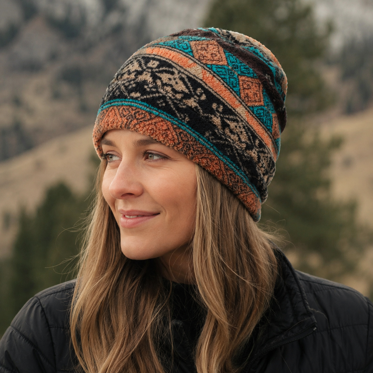 Winter Boho Beanie – Floral Acrylic Hat for Cold Weather | Elastic Size 55-61 cm