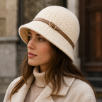Women Knitted Cloche Hat – Adjustable Belt, Organic Cotton Soft Lined Winter Headwear