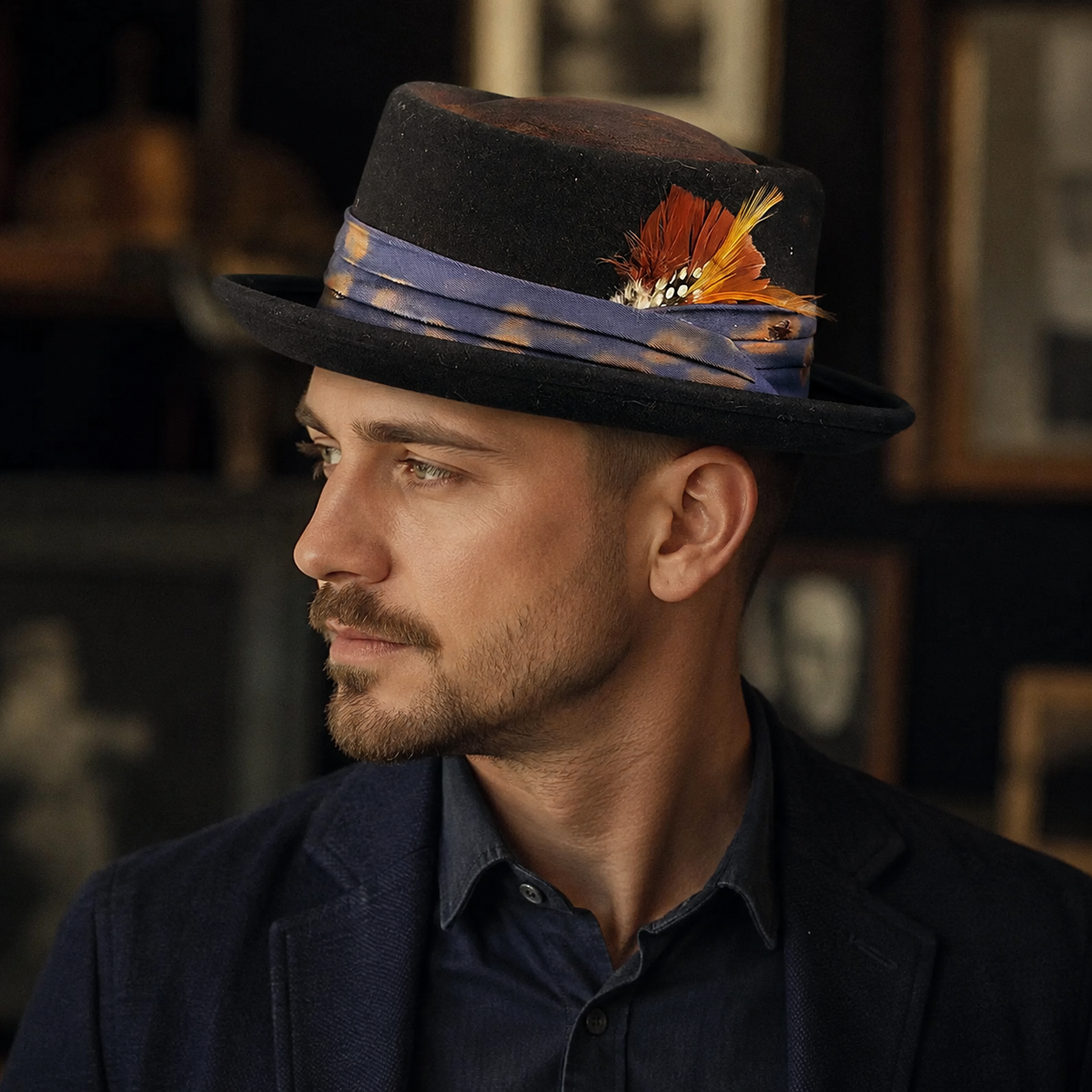 Wool Porkpie Hat – Handmade Basquiat Design With Peasant Feather Decoration