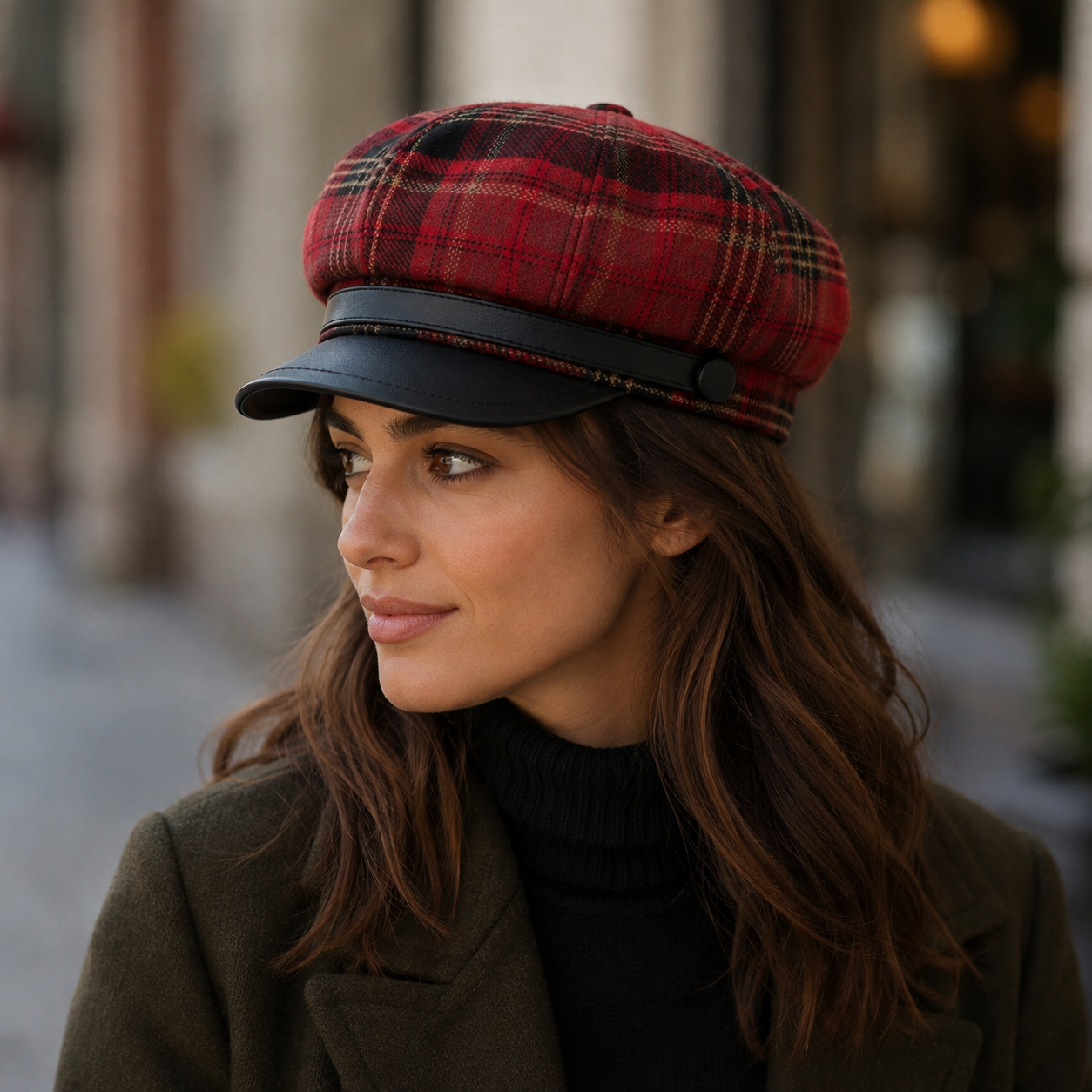 Tartan Newsboy Cap – Verstellbare Baumwollmütze mit Leder-Schirm & weichem Futter