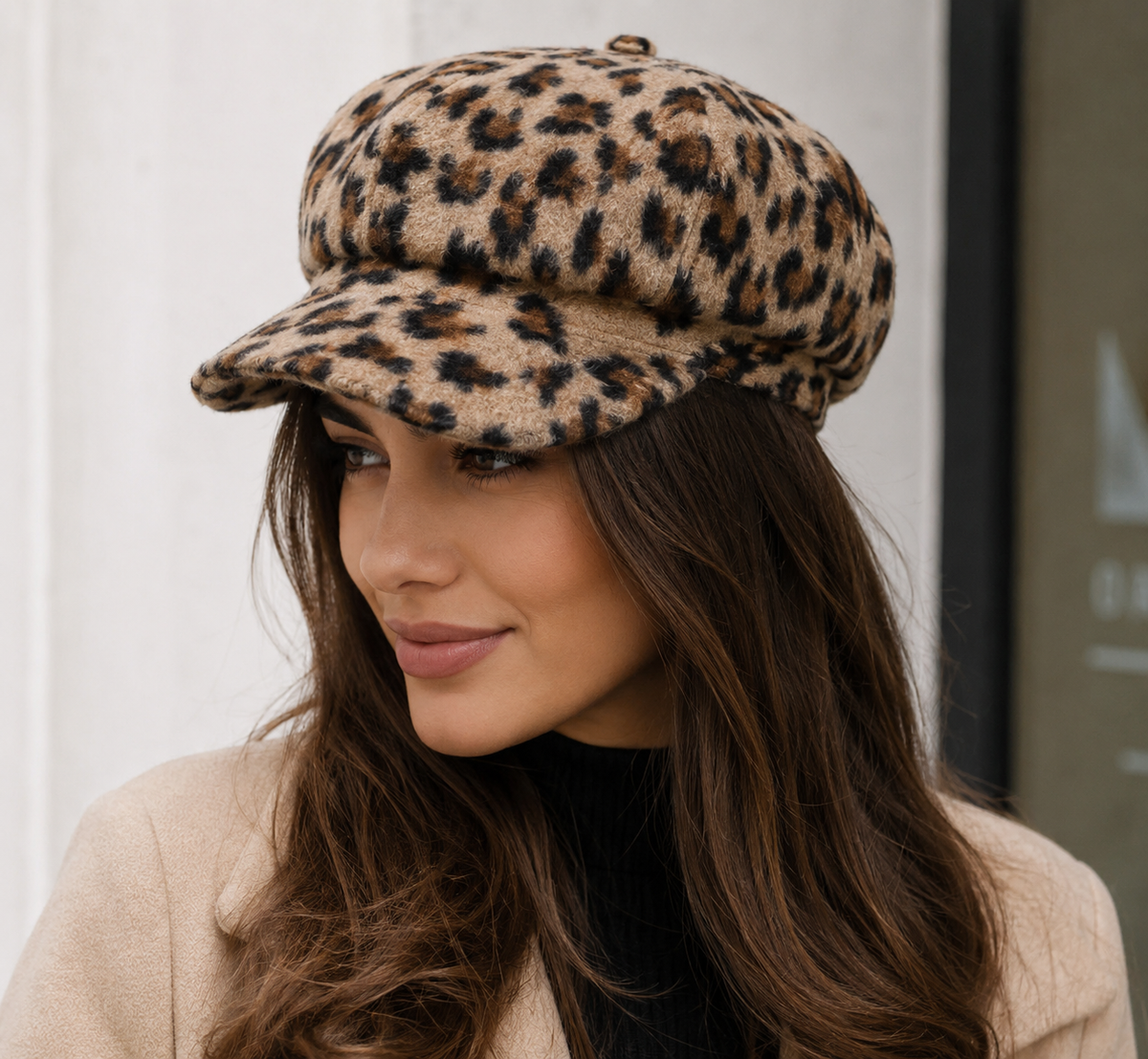 Leopard Print Newsboy Cap – Adjustable Organic Cotton Plush Winter Hat