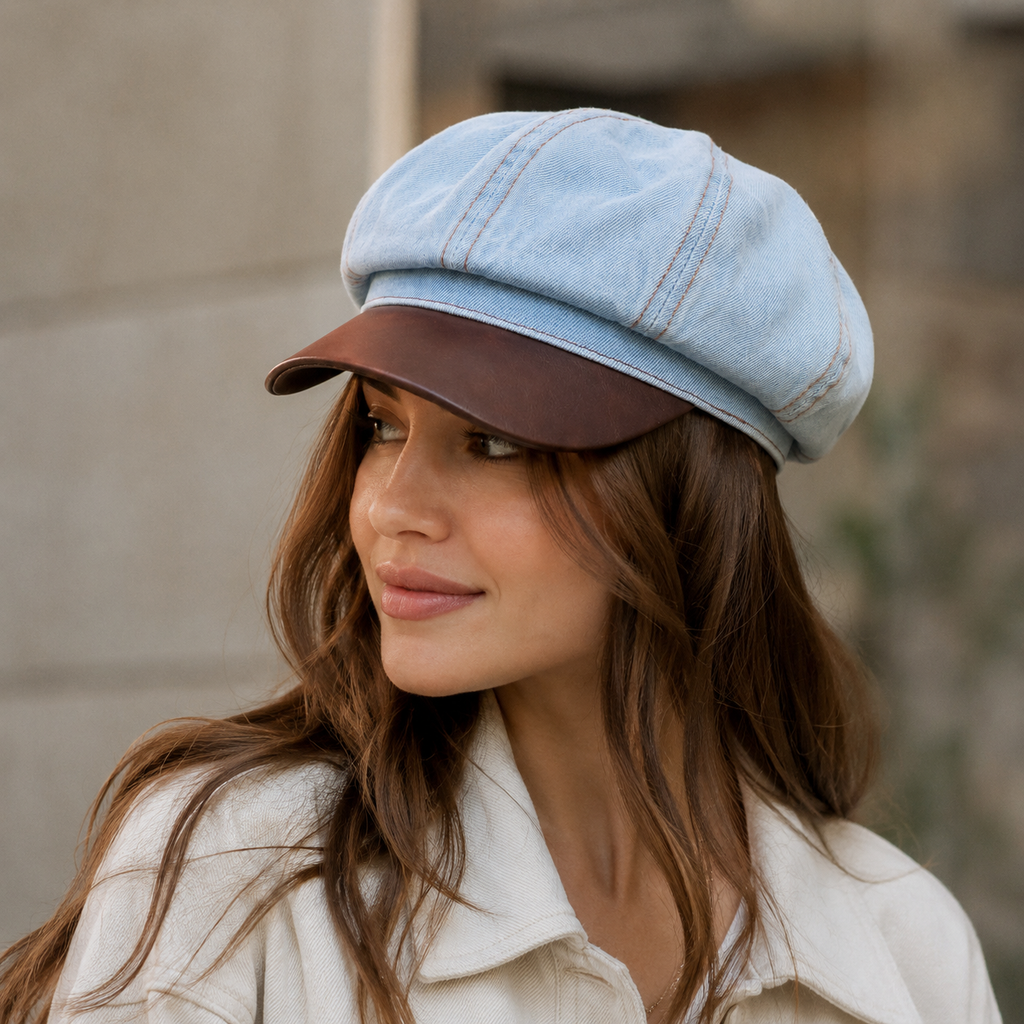 Vintage Denim Newsboy Cap – Adjustable Leather Visor With Organic Cotton Blend
