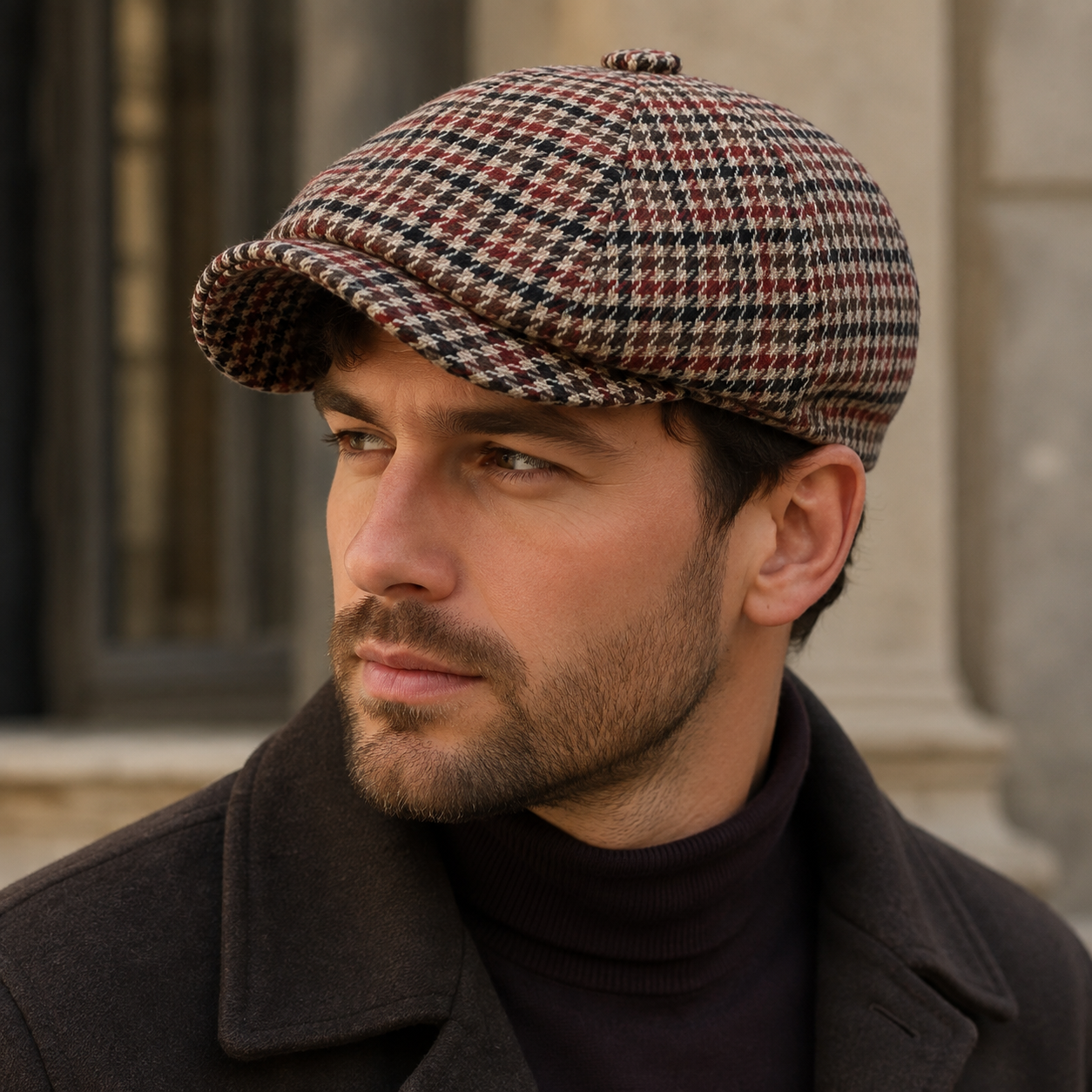 Houndstooth Newsboy Cap – Adjustable Wool Fabric Hat With Vintage Style