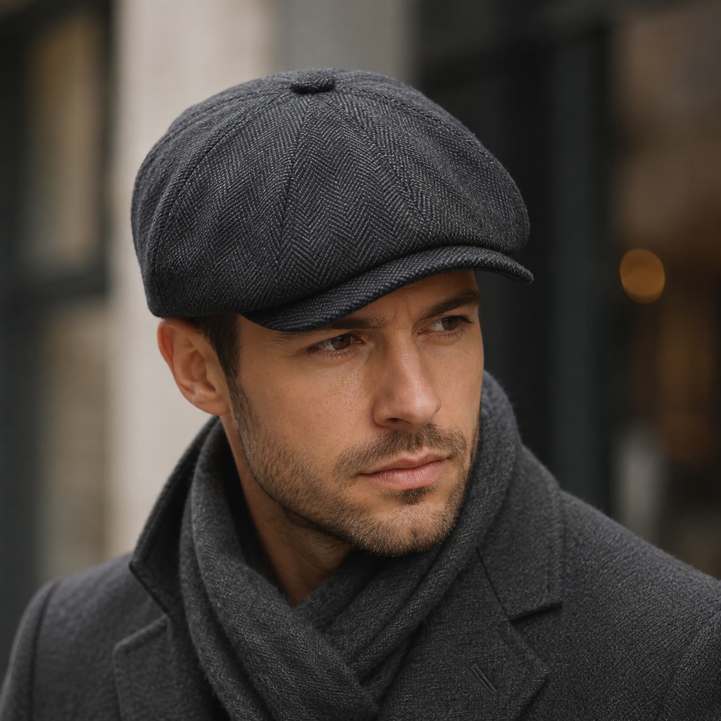 Wool Newsboy Cap – Classic Herringbone Pattern Flat Hat for Men & Women