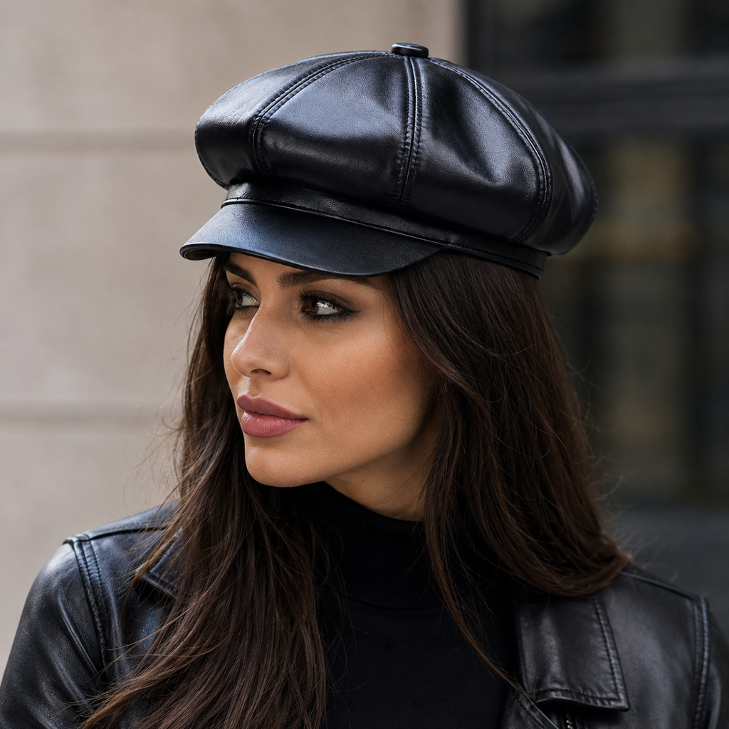 Leather Newsboy Cap – Genuine Sheepskin 8 Panel Adjustable Black Hat Women