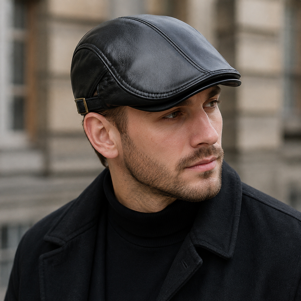 Genuine Leather Flat Cap – Adjustable Sheepskin Hat with Soft Lining for Men & Women