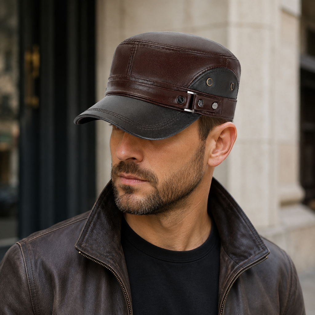 Genuine Leather Army Cap – Adjustable Cowhide Military Style Hat with Metallic Details