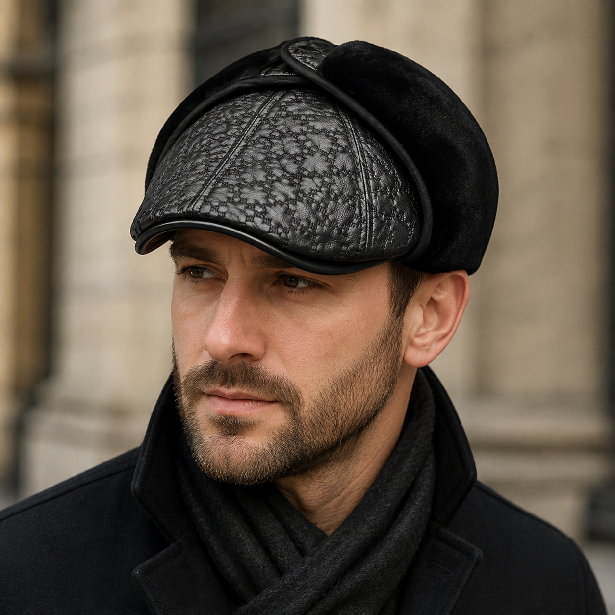 Leather Flat Cap – Genuine Sheepskin Adjustable Hat with Rhombus Pattern Design