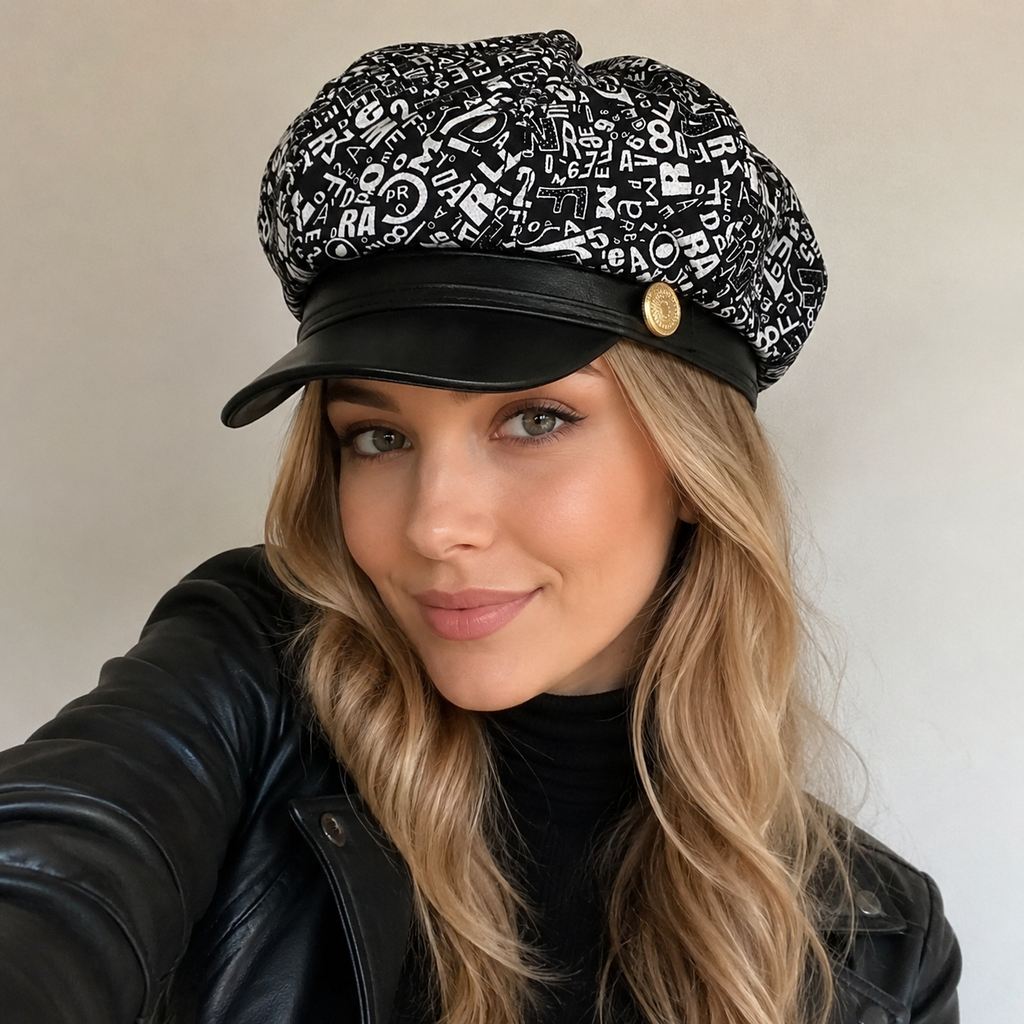 Leather Newsboy Cap - Women's Genuine Leather Flat Cap with Soft Cotton Lining