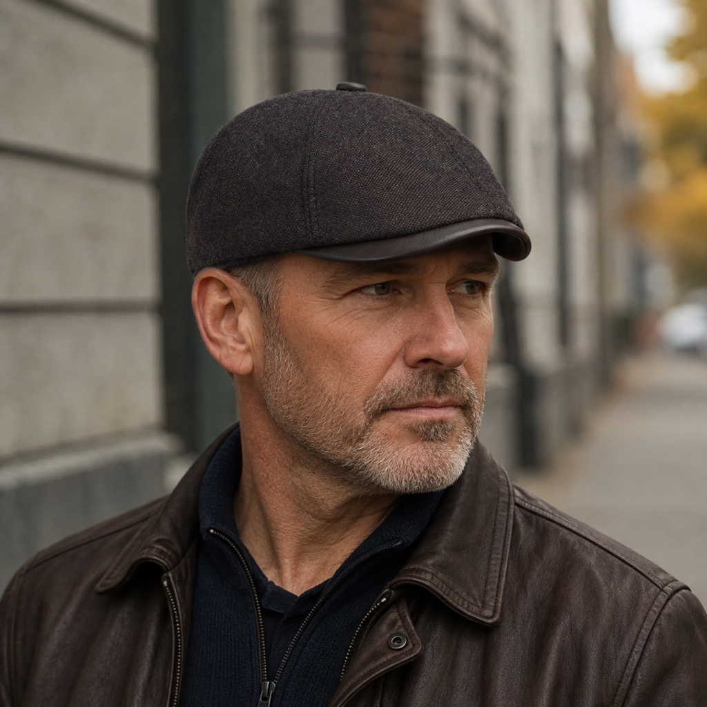 Leather Wool Flat Cap – Classic Duckbill Style With Genuine Leather Visor, Warm Winter Hat