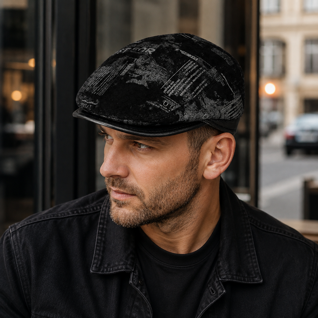 Leather Flat Cap – Genuine Black Leather Cap with Folding Earflaps & Cold Protection
