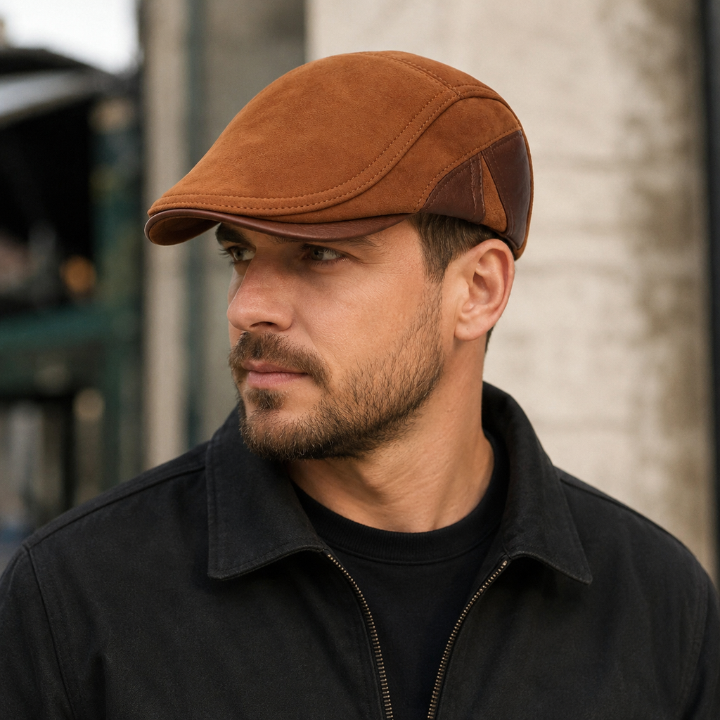 Leather Duckbill Cap – Genuine Leather Hat With Sheepskin Flat Cap Style