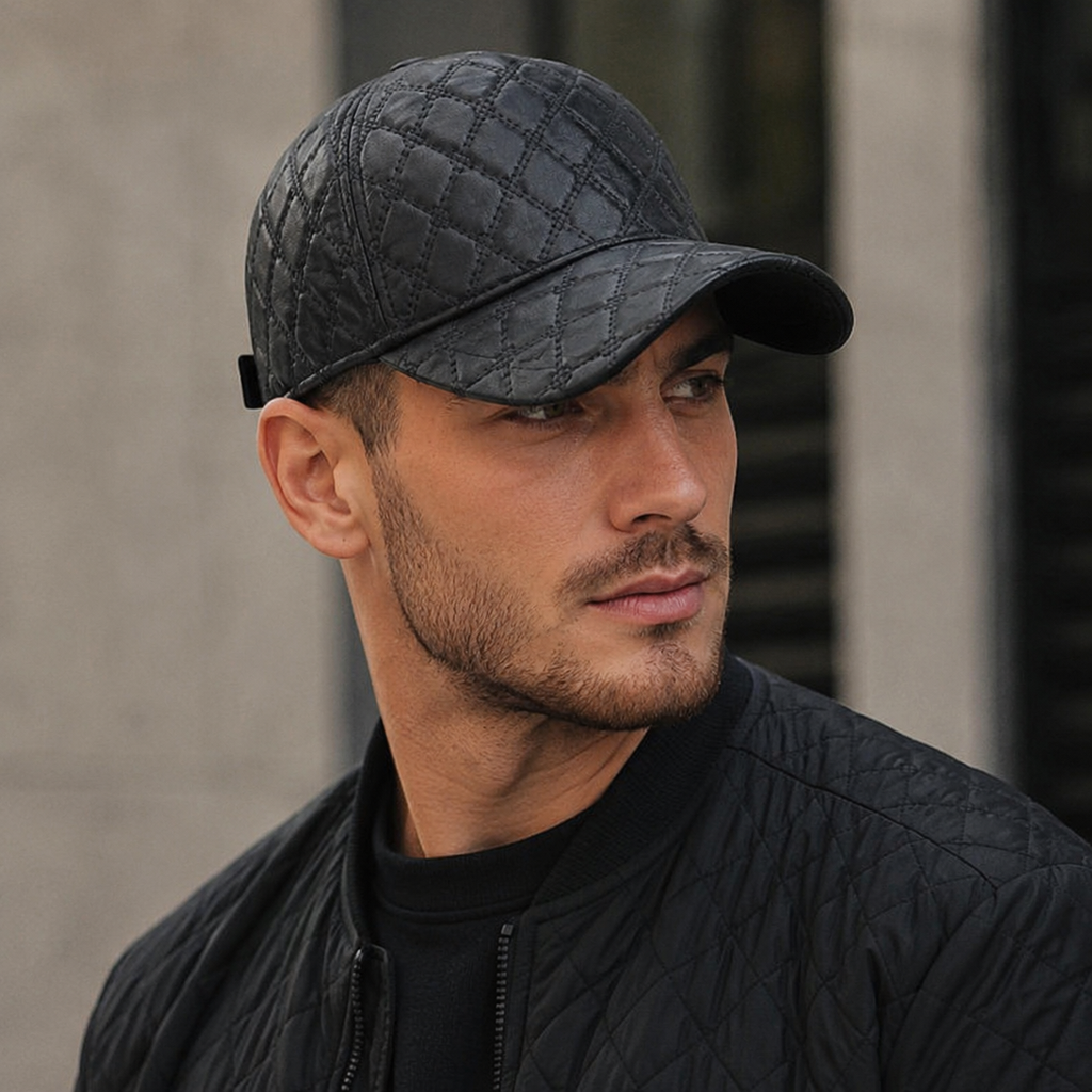 Leather Baseball Cap – Adjustable Black Sheepskin Hat with Cotton Sweatband