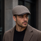 Wool Flat Cap – Herringbone Duckbill With Genuine Leather Visor, Soft Lining