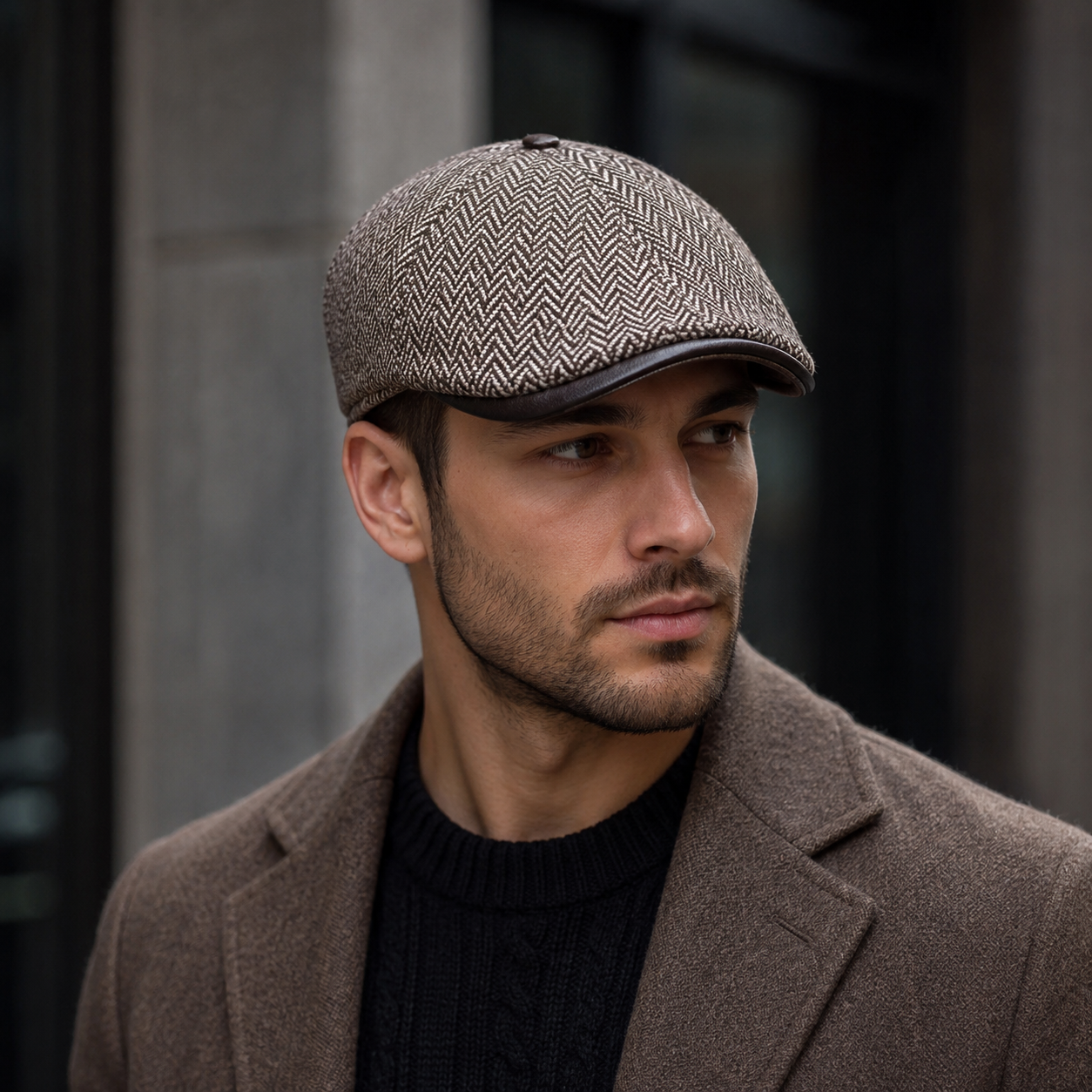 Wool Flat Cap – Herringbone Duckbill With Genuine Leather Visor, Soft Lining