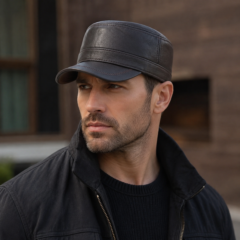Leather Army Cap – Genuine Cowhide Adjustable Military Style Hat With Cotton Sweatband