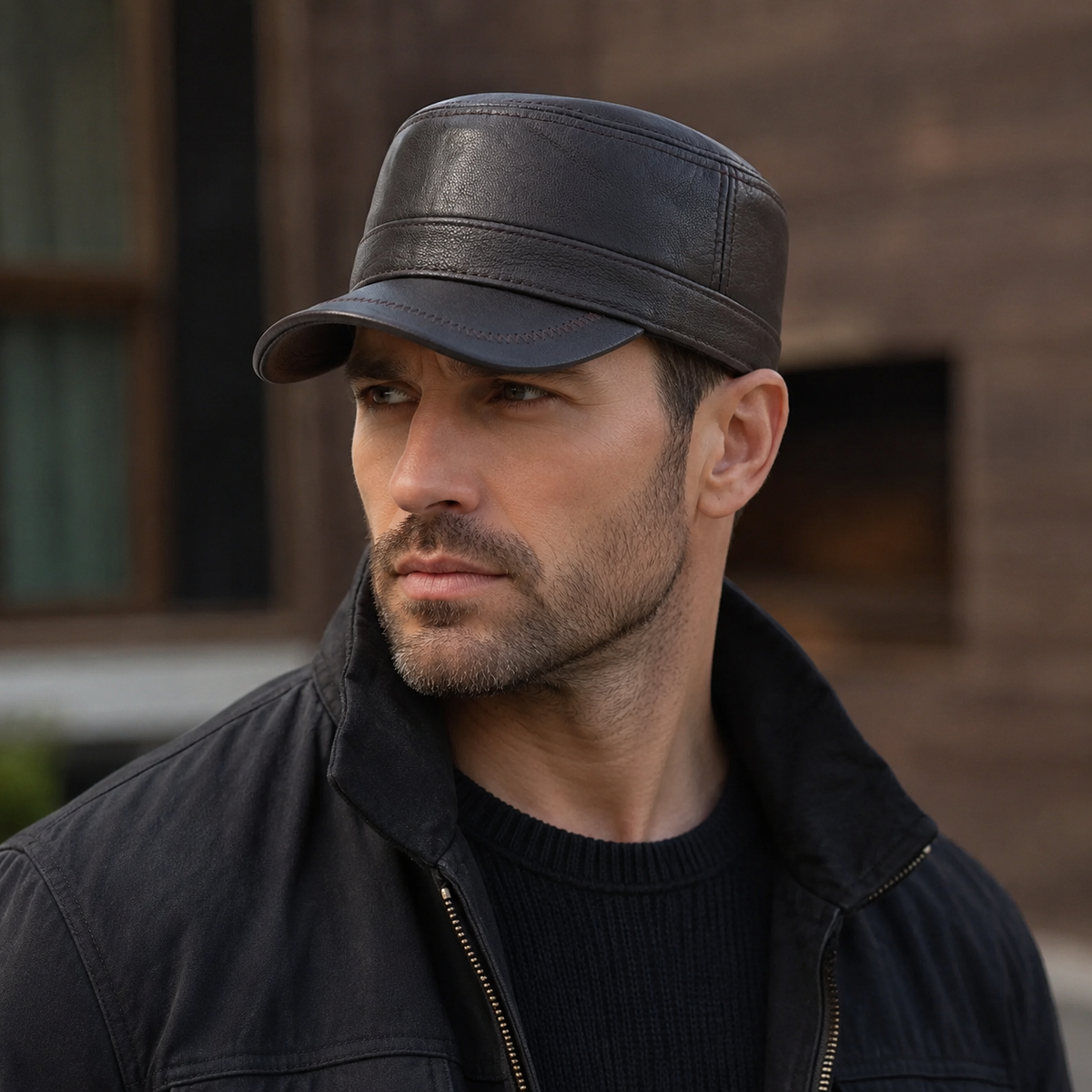 Leather Army Cap – Genuine Cowhide Adjustable Military Style Hat With Cotton Sweatband