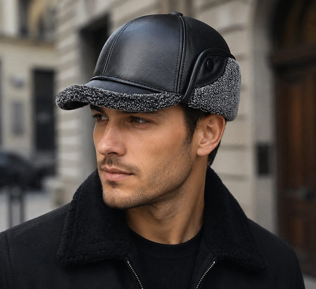 Leather Earflap Baseball Cap – Genuine Cowhide Leather Adjustable Winter Hat