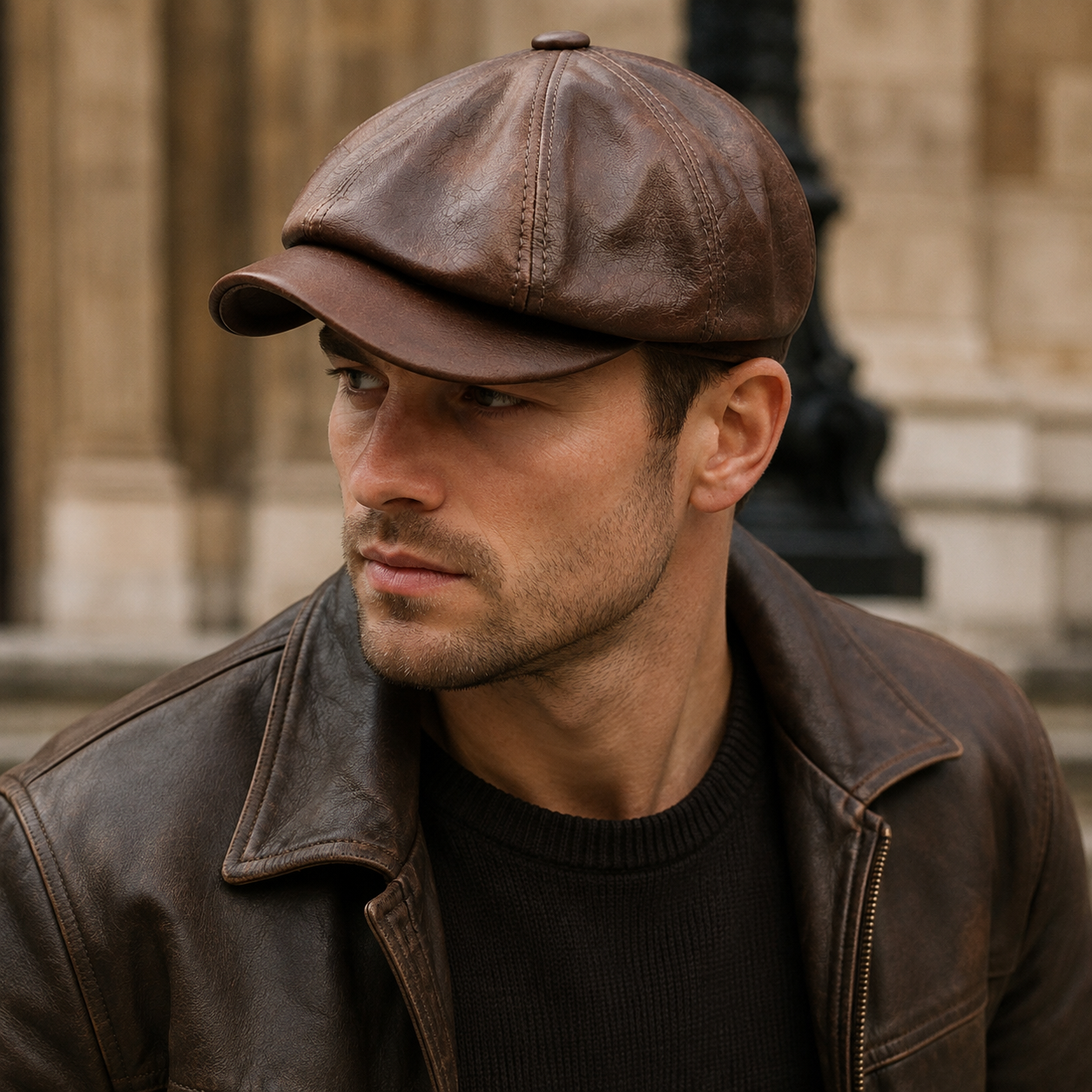 Leather Newsboy Cap - Genuine Cowhide Adjustable Classic Hat for Men & Women