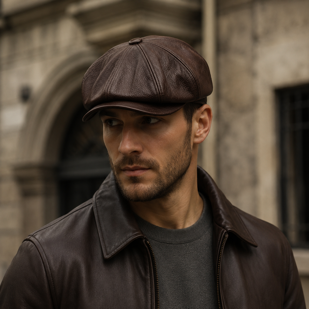 Genuine Leather Newsboy Cap – Adjustable Cowhide Flat Hat Classic Style 55-60cm