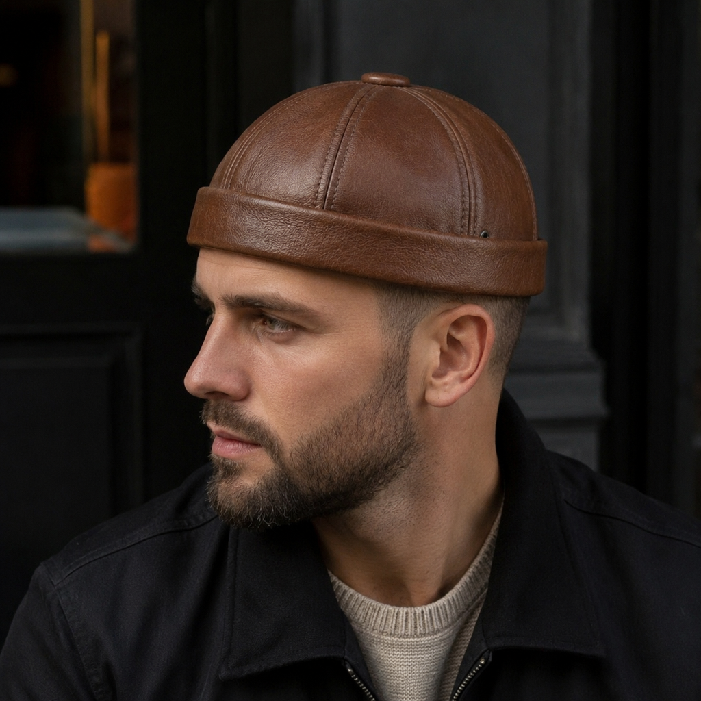 Genuine Leather Docker Cap – Adjustable Cowhide Hat With Breathable Lining
