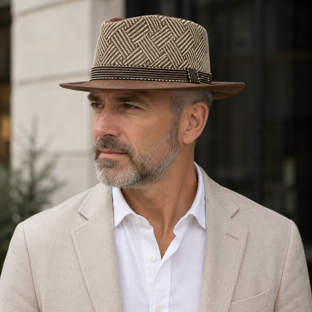 Straw Fedora Hat – Adjustable Chevron Pattern Summer Sun Protection Headwear