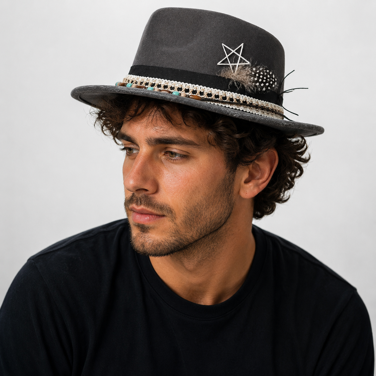 Bohemian Fedora Hat – Vegan Suede, Peacock Feather & Organic Cotton Handmade Design