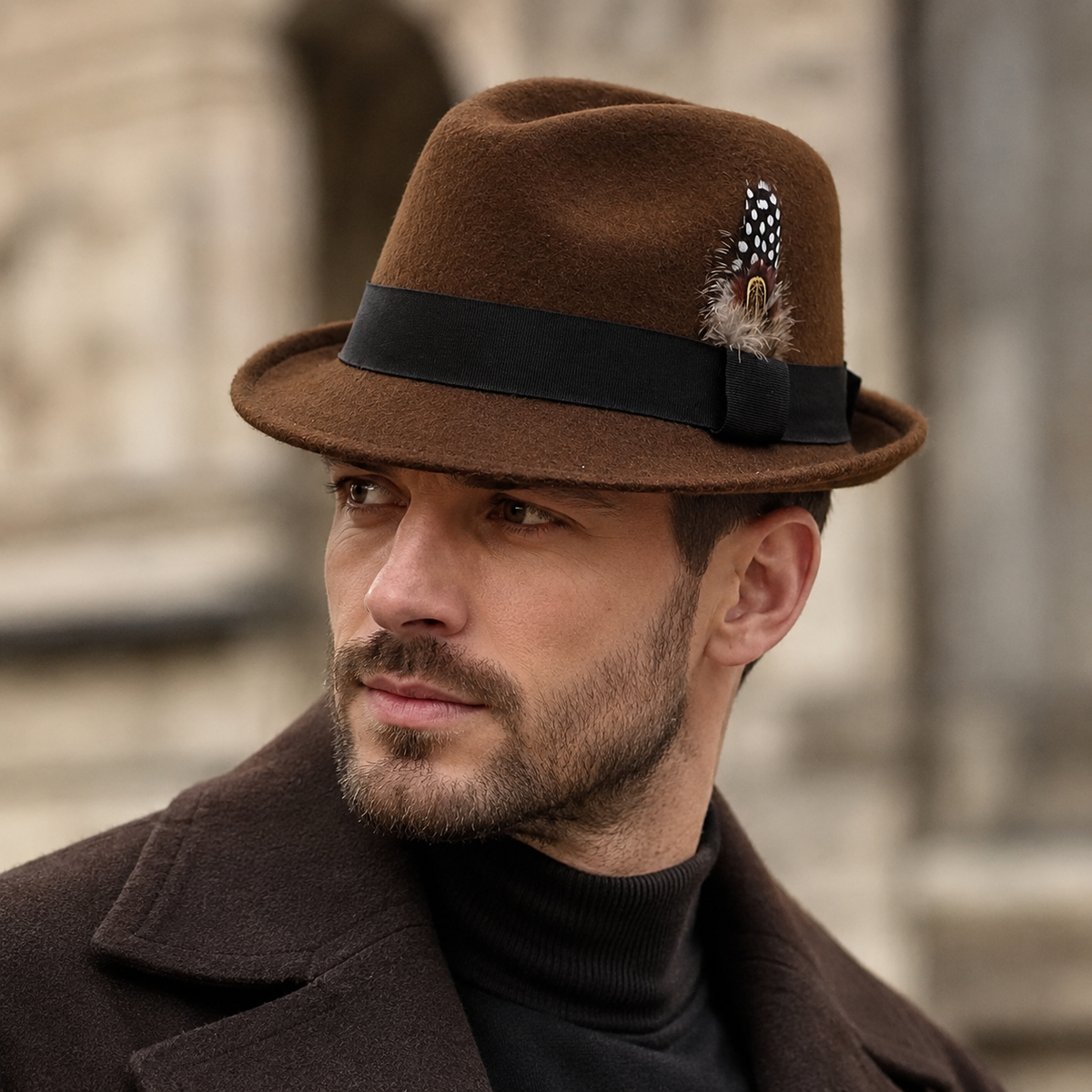 Feather Wool Trilby Hat – Classic Winter Fedora With Pheasant Feathers 56-59cm