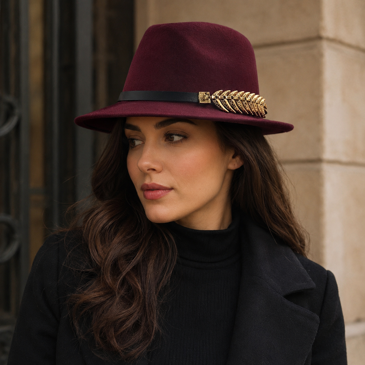 Metal Feather Trilby Wool Hat – Classic Fedora Style, Size 55-58 cm