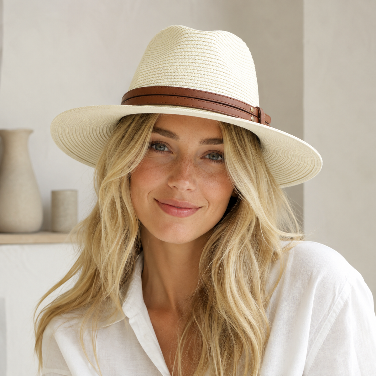Summer Fedora Hat - Lightweight Breathable Vegetable Fibre With Leather Ribbon