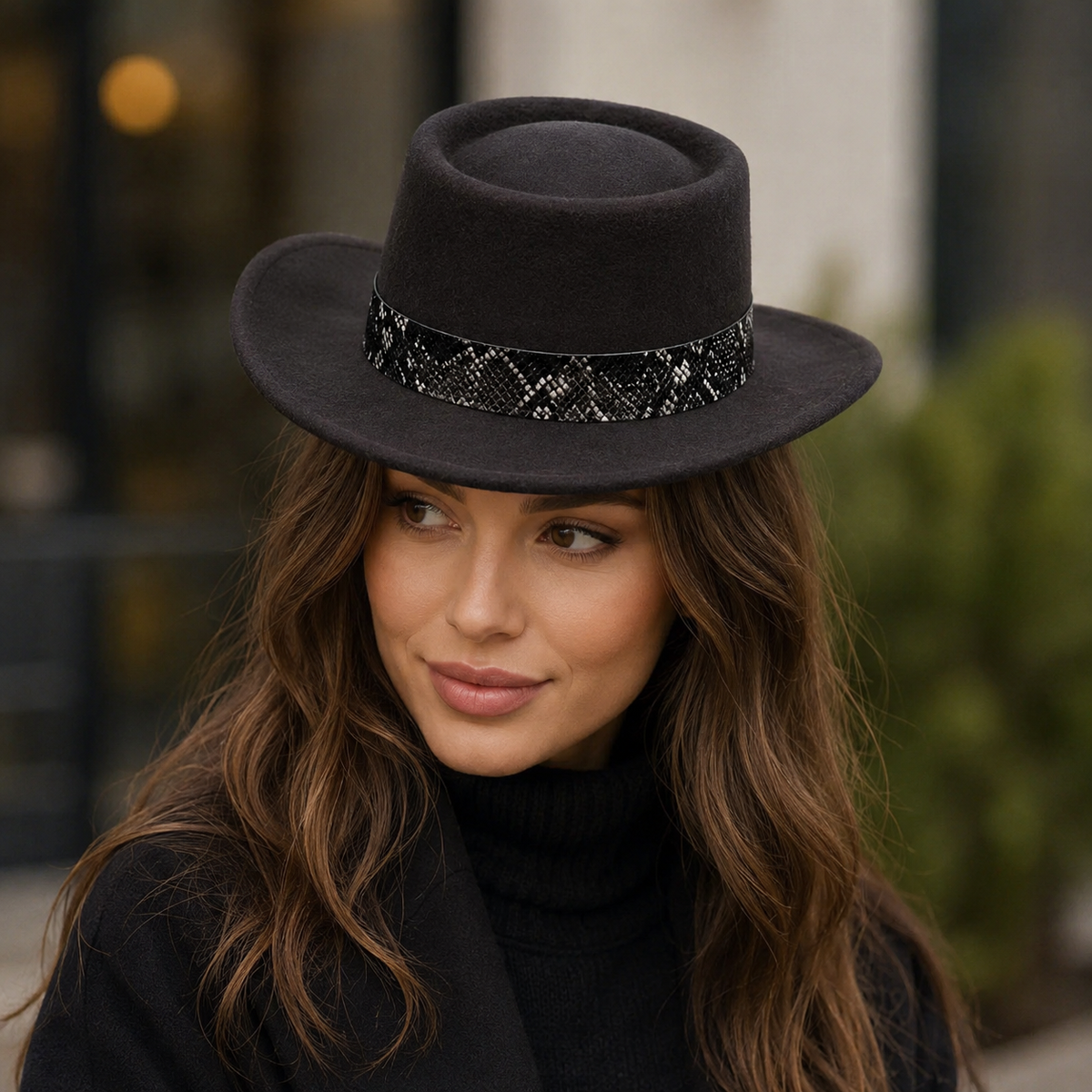 Wool Cowboy Porkpie Hat – Adjustable Wide Brim With Tribal Band Design
