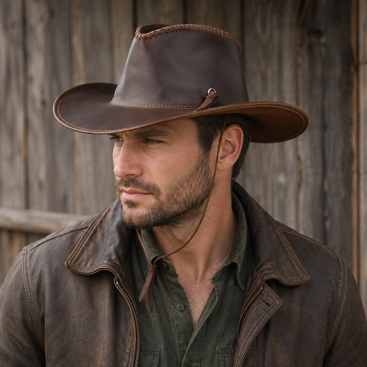 Genuine Leather Cowboy Hat – Handcrafted Wide Brim Adjustable Cowhide Hat