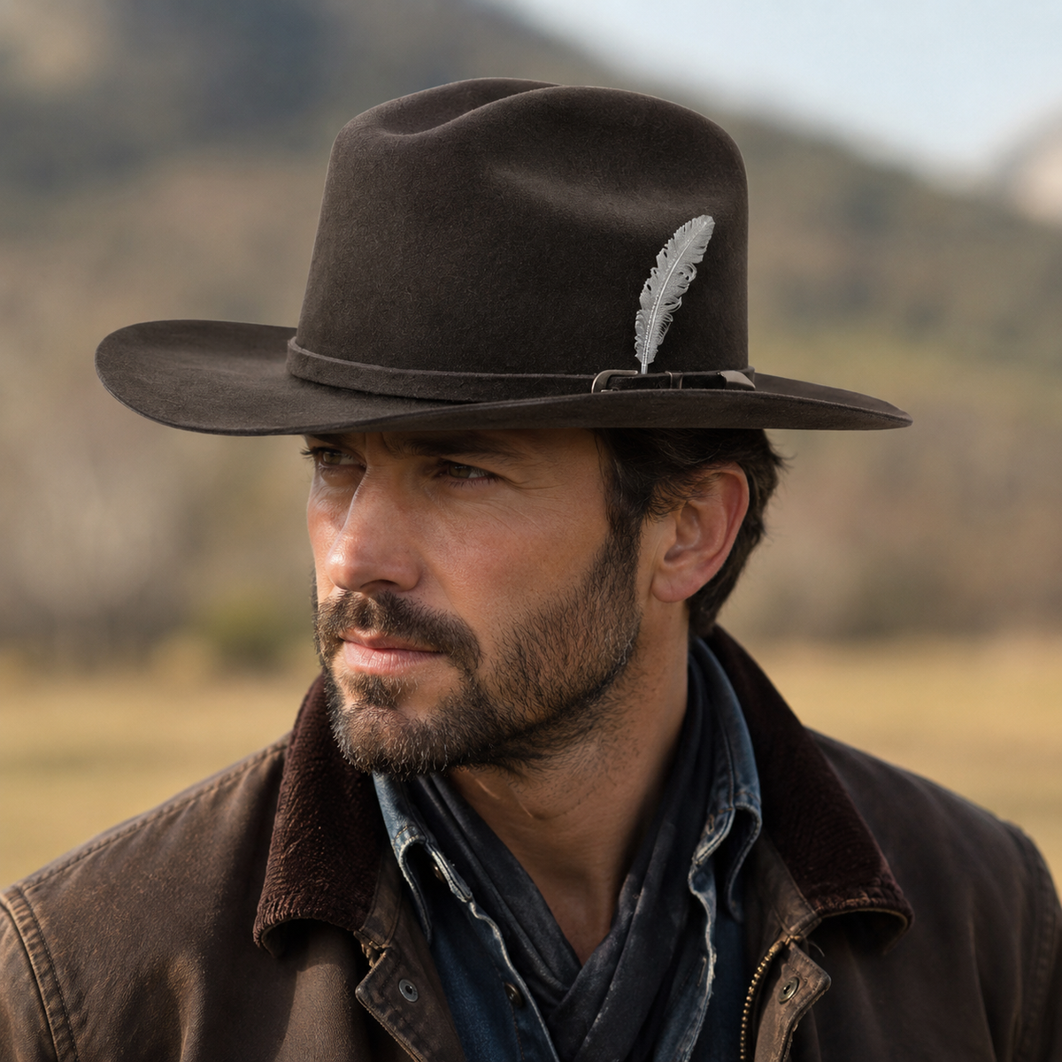Wool Cowboy Hat – Adjustable Western Style Virgin Wool Hat with Feather Detail
