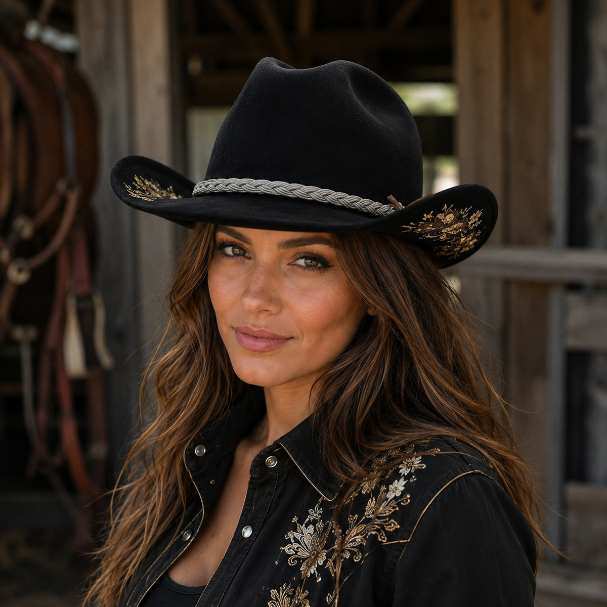 Suede Western Cowgirl Hat - Adjustable Size With Embroidered Floral Design Cord