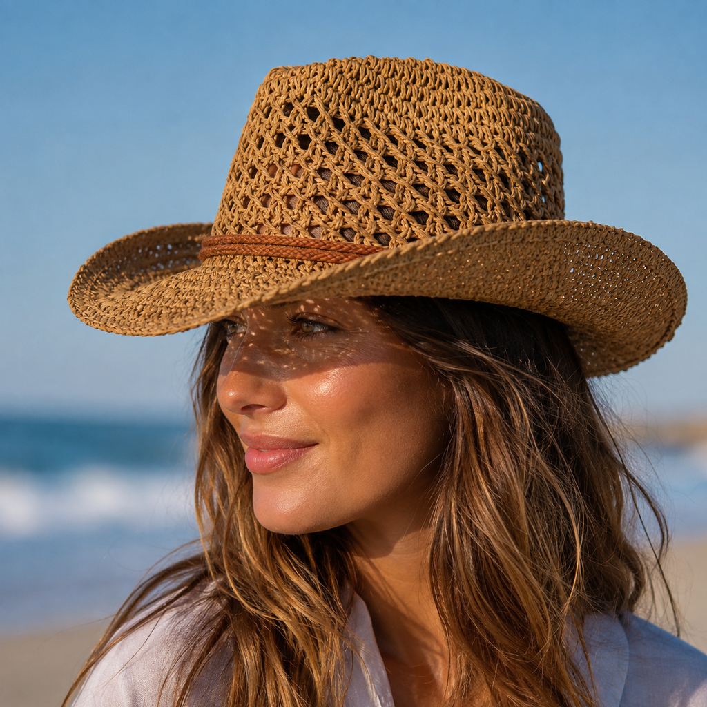 Straw Cowboy Hat – Adjustable Wide Brim Breathable Vegetable Fiber Western Style
