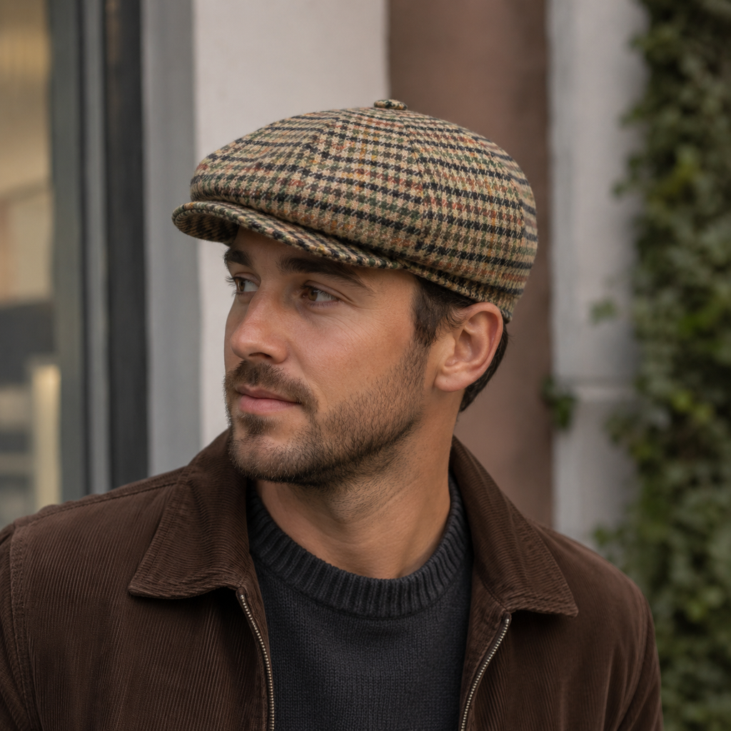 Men's Newsboy Cap – Wool Flat Cap With Multicolor Houndstooth Pattern & Structured Fit