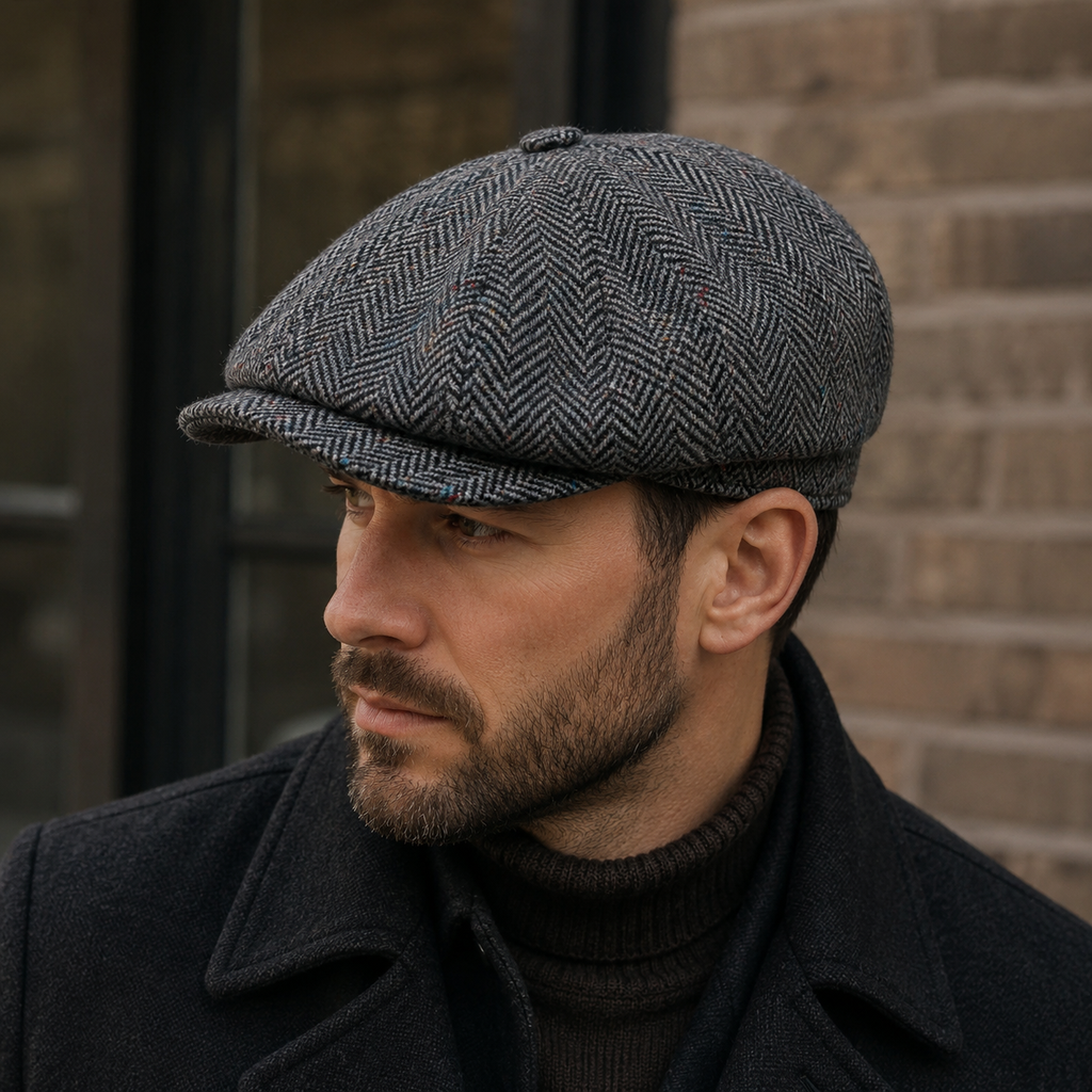 Men's Wool Newsboy Cap – Classic Herringbone 8-Panel Flat Cap for Fall Winter