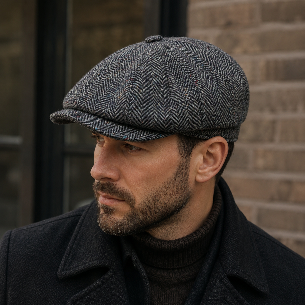 Men's Wool Newsboy Cap – Classic Herringbone 8-Panel Flat Cap for Fall Winter