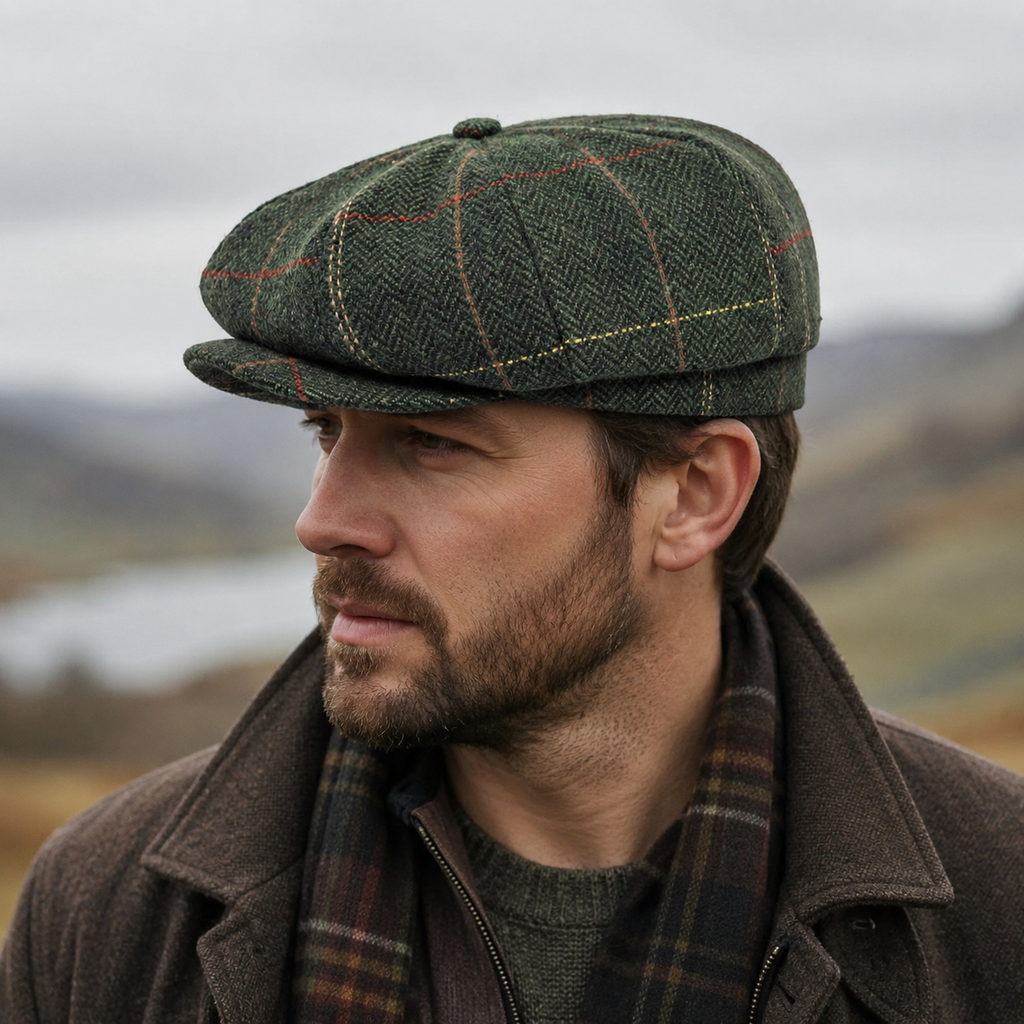 Mens Tweed Newsboy Cap – Classic Herringbone Tartan Wool Flat Cap for Fall Winter