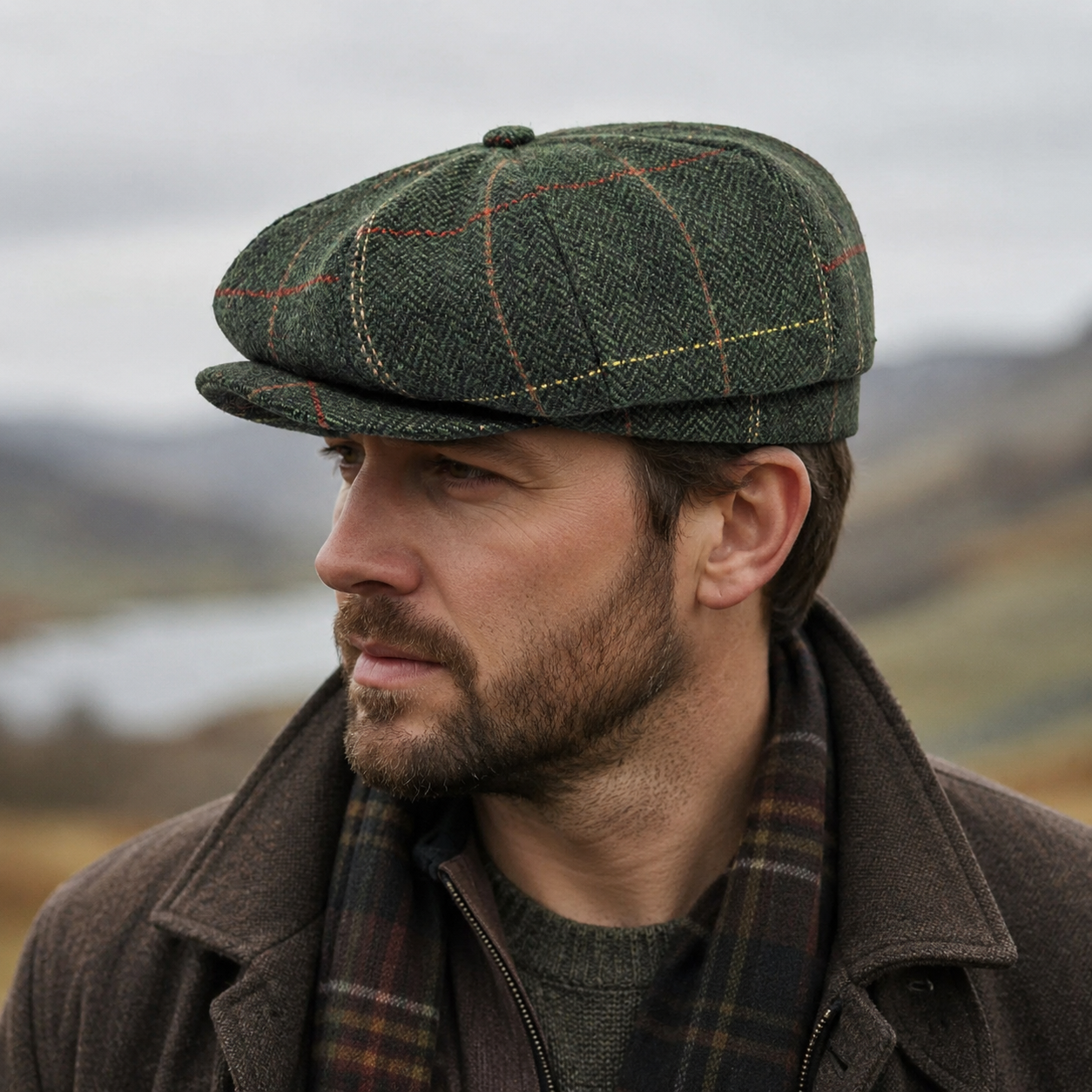 Mens Tweed Newsboy Cap – Classic Herringbone Tartan Wool Flat Cap for Fall Winter