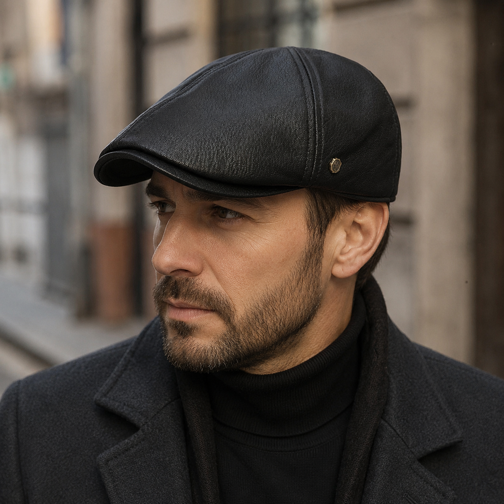 Men’s Leather Flat Cap – Classic Solid Color Ivy Hat