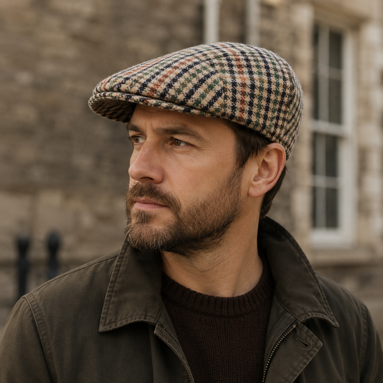 Houndstooth Wool Flat Cap – Classic Men’s Stylish Multicolor Ivy Hat for Fall