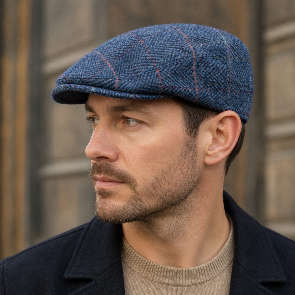 Men's Wool Flat Cap – Herringbone Check Ivy Hat for Fall Winter Style