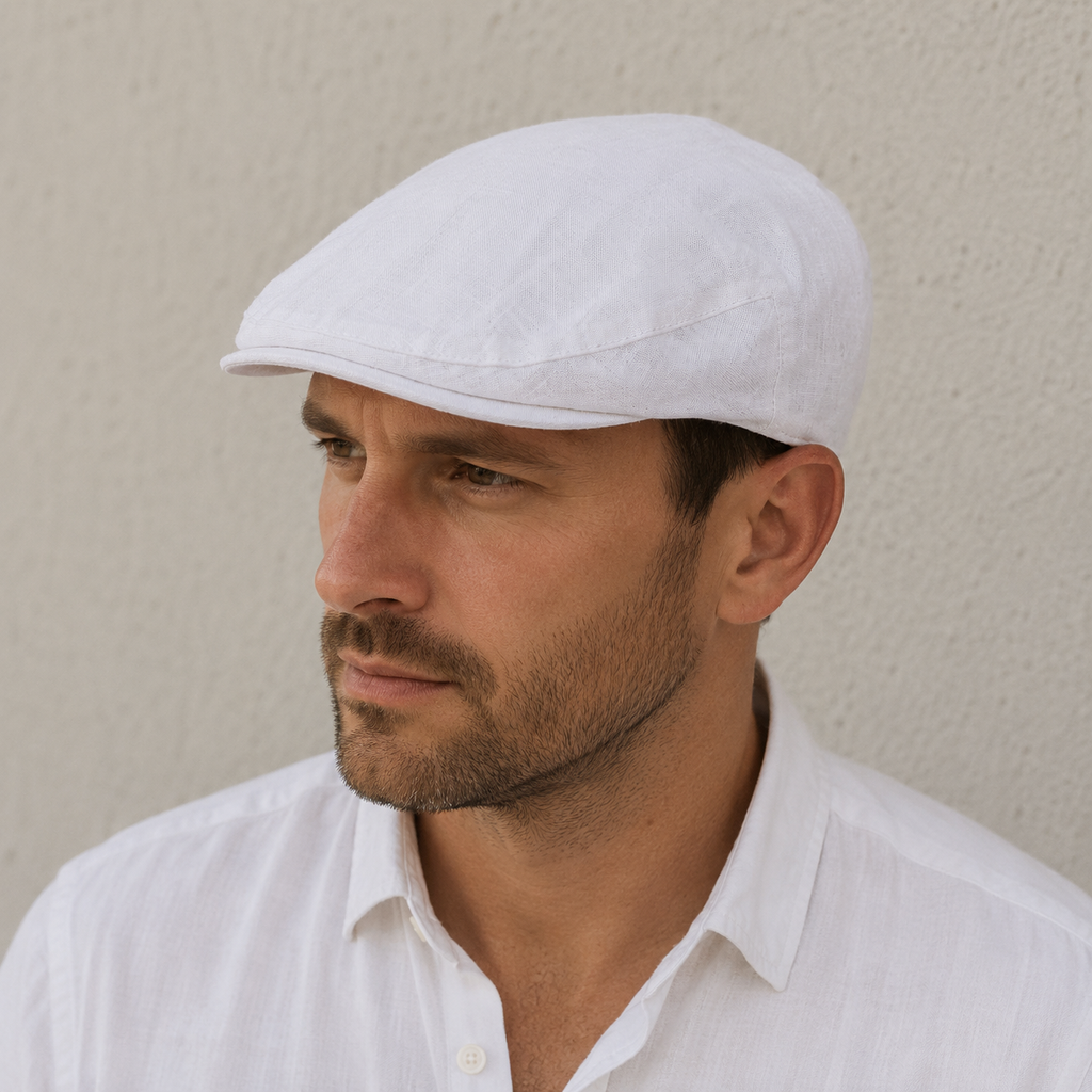 White Linen Flat Cap – Lightweight Ivy Cap For Men | Breathable Summer Hat