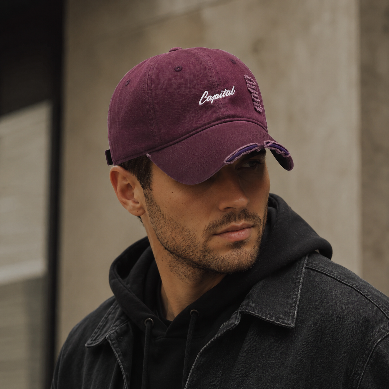 Scratched Baseball Cap – Adjustable Cotton Hat With Embroidered Details