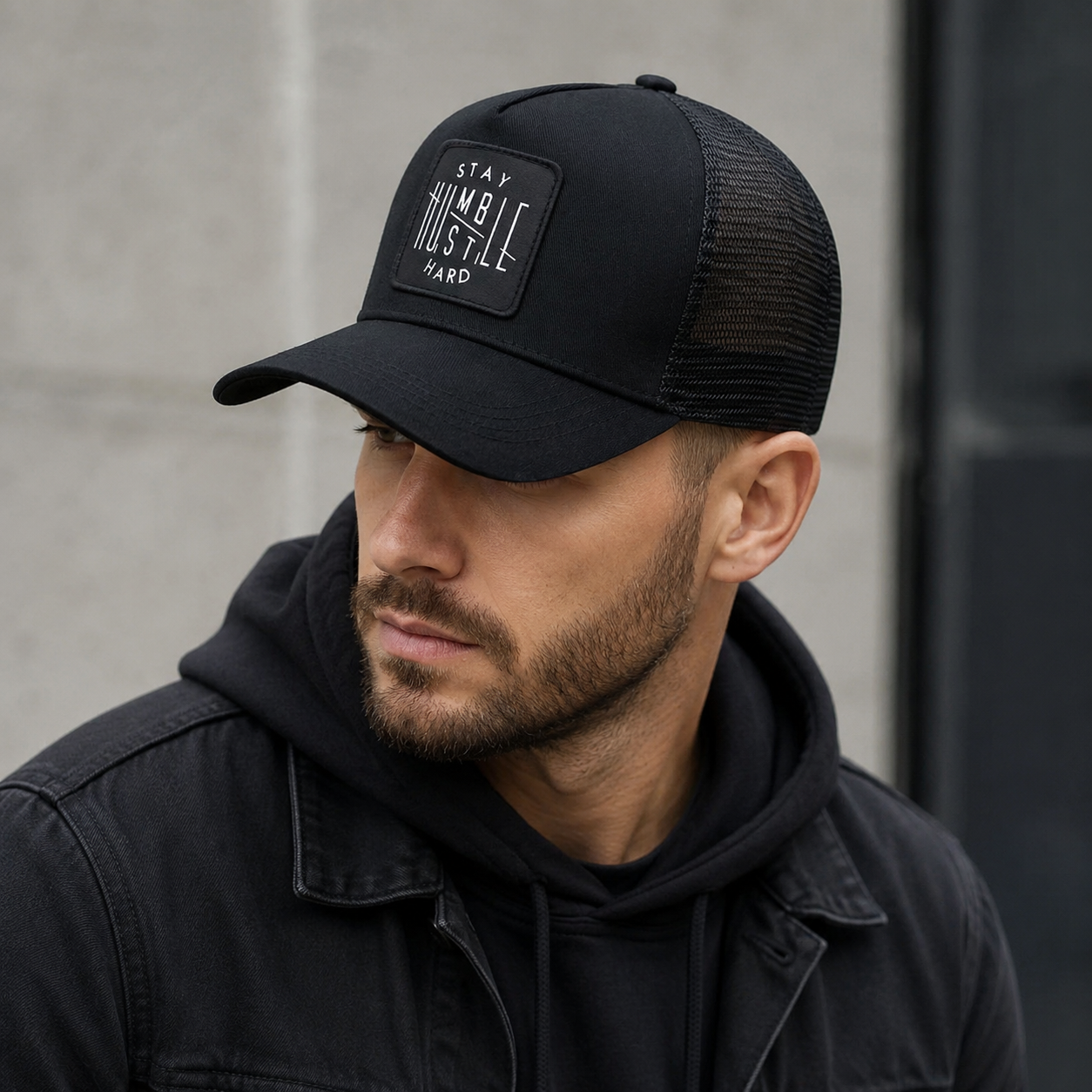 Black Trucker Cap - Adjustable Breathable Mesh Hat With Embroidered Logo