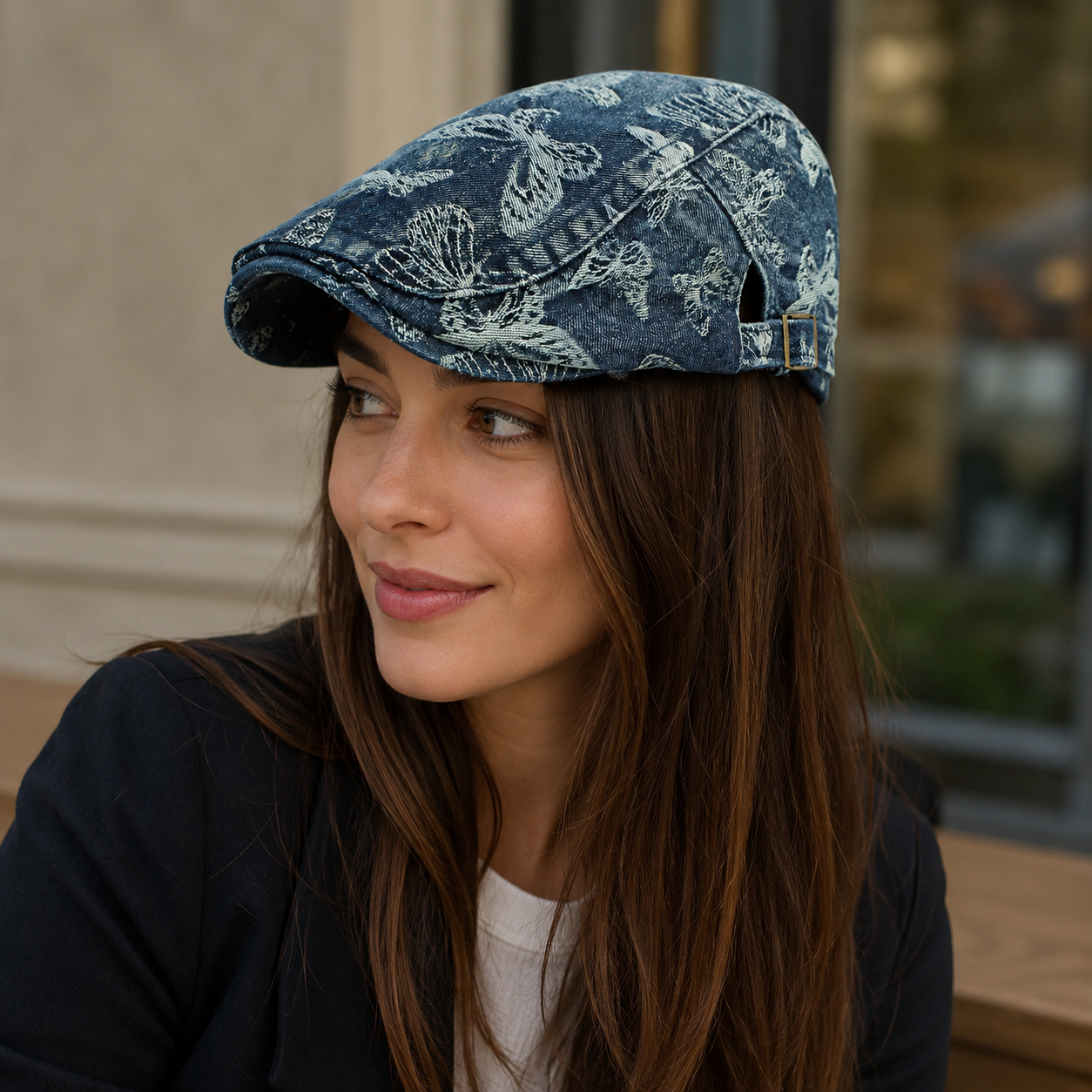 Denim Flat Cap – Adjustable Organic Cotton Hat With Butterflies Pattern